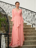 A-Linie/Princess-Linie Chiffon Rüschen V-Ausschnitt Lange Ärmel Sweep/Pinsel zug Kleider für die Brautmutter