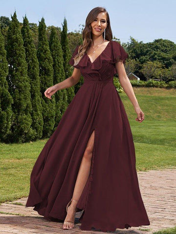 A-Linie/Princess-Linie Chiffon Rüschen V-Ausschnitt Kurze Ärmel Bodenlang Brautjungfernkleider