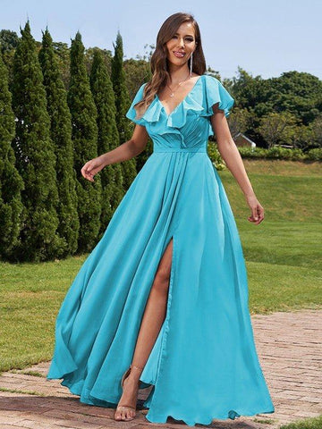 A-Linie/Princess-Linie Chiffon Rüschen V-Ausschnitt Kurze Ärmel Bodenlang Brautjungfernkleider