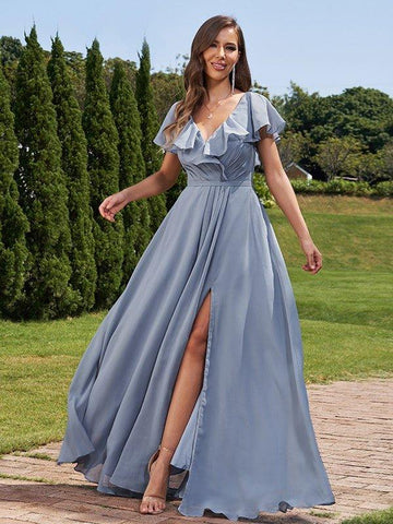 A-Linie/Princess-Linie Chiffon Rüschen V-Ausschnitt Kurze Ärmel Bodenlang Brautjungfernkleider