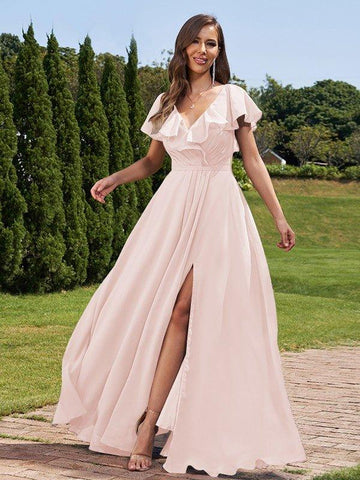 A-Linie/Princess-Linie Chiffon Rüschen V-Ausschnitt Kurze Ärmel Bodenlang Brautjungfernkleider