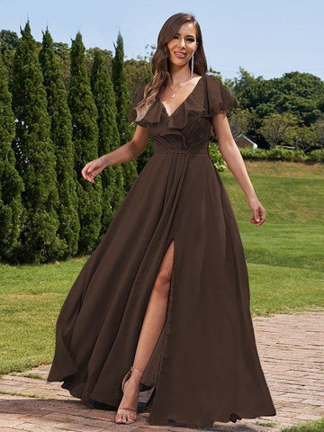 A-Linie/Princess-Linie Chiffon Rüschen V-Ausschnitt Kurze Ärmel Bodenlang Brautjungfernkleider