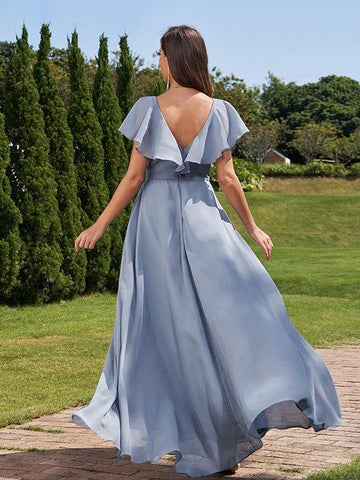 A-Linie/Princess-Linie Chiffon Rüschen V-Ausschnitt Kurze Ärmel Bodenlang Brautjungfernkleider