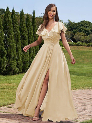 A-Linie/Princess-Linie Chiffon Rüschen V-Ausschnitt Kurze Ärmel Bodenlang Brautjungfernkleider