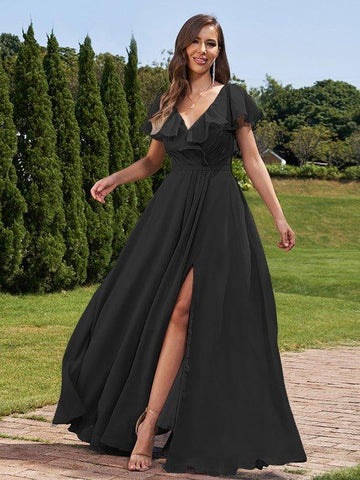A-Linie/Princess-Linie Chiffon Rüschen V-Ausschnitt Kurze Ärmel Bodenlang Brautjungfernkleider