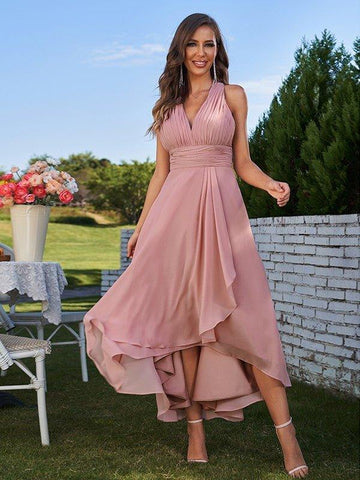 A-Linie/Princess-Linie Chiffon Gerüscht V-Ausschnitt Ärmellos Asymmetrisch Brautjungfernkleider