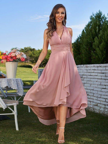 A-Linie/Princess-Linie Chiffon Gerüscht V-Ausschnitt Ärmellos Asymmetrisch Brautjungfernkleider