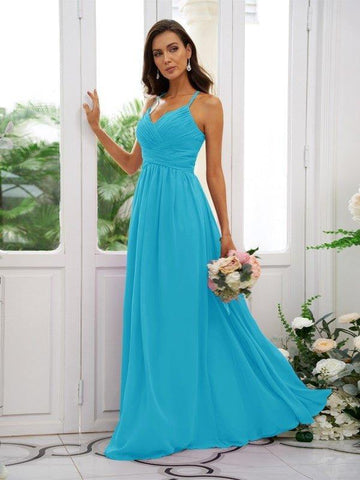 A-Linie/Princess-Linie Chiffon Rüschen V-Ausschnitt Ärmellos Bodenlang Brautjungfernkleider