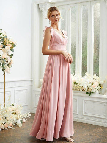 A-Linie/Princess-Linie Chiffon Rüschen V-Ausschnitt Ärmellos Bodenlang Brautjungfernkleider