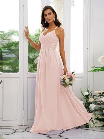 A-Linie/Princess-Linie Chiffon Rüschen V-Ausschnitt Ärmellos Bodenlang Brautjungfernkleider