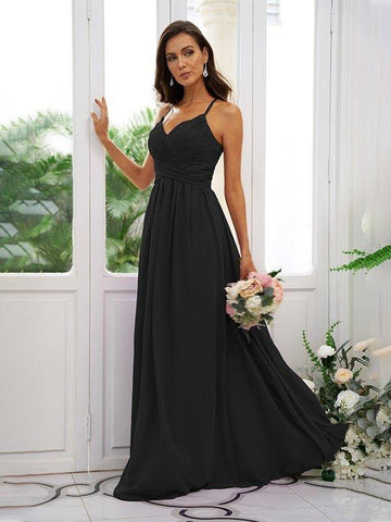 A-Linie/Princess-Linie Chiffon Rüschen V-Ausschnitt Ärmellos Bodenlang Brautjungfernkleider