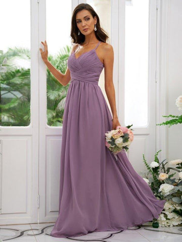 A-Linie/Princess-Linie Chiffon Rüschen V-Ausschnitt Ärmellos Bodenlang Brautjungfernkleider