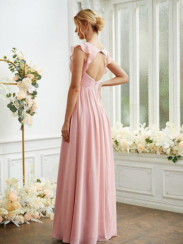 A-Linie/Princess-Linie Chiffon Rüschen V-Ausschnitt Ärmellos Bodenlang Brautjungfernkleider