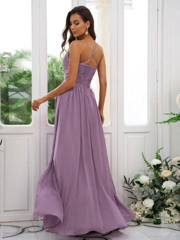 A-Linie/Princess-Linie Chiffon Rüschen V-Ausschnitt Ärmellos Bodenlang Brautjungfernkleider