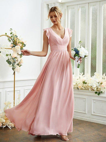 A-Linie/Princess-Linie Chiffon Rüschen V-Ausschnitt Ärmellos Bodenlang Brautjungfernkleider