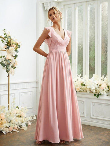 A-Linie/Princess-Linie Chiffon Rüschen V-Ausschnitt Ärmellos Bodenlang Brautjungfernkleider