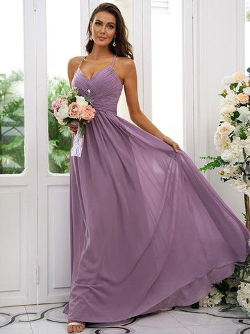 A-Linie/Princess-Linie Chiffon Rüschen V-Ausschnitt Ärmellos Bodenlang Brautjungfernkleider