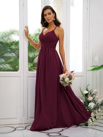 A-Linie/Princess-Linie Chiffon Rüschen V-Ausschnitt Ärmellos Bodenlang Brautjungfernkleider