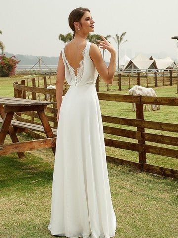 A-Linie/Princess-Linie Chiffon Rüschen V-Ausschnitt Ärmellos Bodenlang Brautkleider