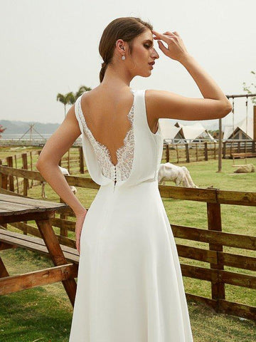A-Linie/Princess-Linie Chiffon Rüschen V-Ausschnitt Ärmellos Bodenlang Brautkleider
