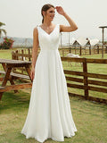 Vestidos de noiva estilo princesa/estilo A, em chiffon, franzidos, decote em V, sem mangas, compridos e compridos