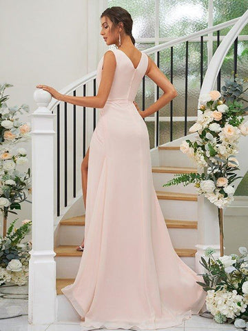 A-Linie/Princess-Linie Chiffon Rüschen V-Ausschnitt Ärmellos Sweep/Pinsel zug Brautjungfernkleider