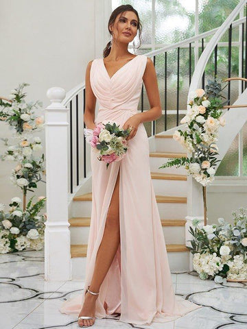 A-Linie/Princess-Linie Chiffon Rüschen V-Ausschnitt Ärmellos Sweep/Pinsel zug Brautjungfernkleider