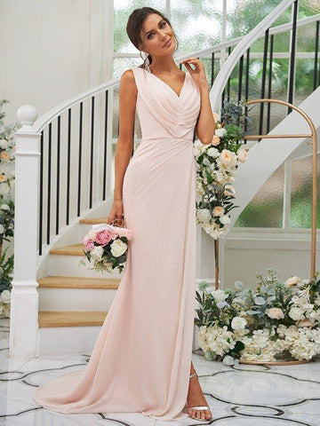 A-Linie/Princess-Linie Chiffon Rüschen V-Ausschnitt Ärmellos Sweep/Pinsel zug Brautjungfernkleider