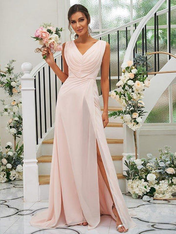 A-Linie/Princess-Linie Chiffon Rüschen V-Ausschnitt Ärmellos Sweep/Pinsel zug Brautjungfernkleider
