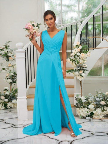 A-Linie/Princess-Linie Chiffon Rüschen V-Ausschnitt Ärmellos Sweep/Pinsel zug Brautjungfernkleider
