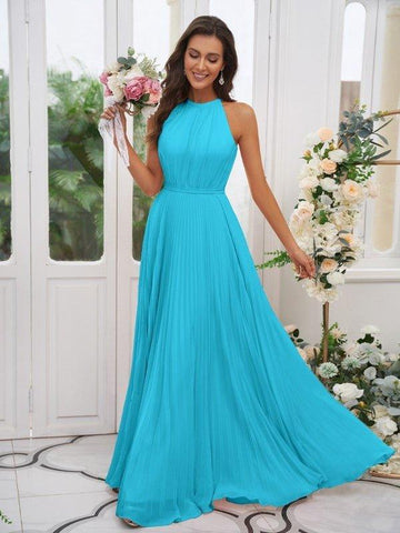 A-Linie/Princess-Linie Chiffon Rüschen Neckholder Ärmellos Bodenlang Brautjungfernkleider