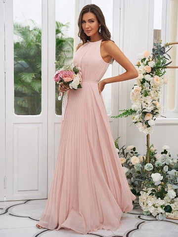 A-Linie/Princess-Linie Chiffon Rüschen Neckholder Ärmellos Bodenlang Brautjungfernkleider