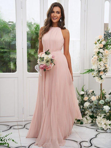A-Linie/Princess-Linie Chiffon Rüschen Neckholder Ärmellos Bodenlang Brautjungfernkleider