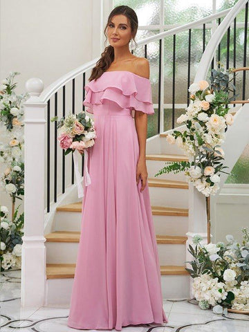A-Linie/Princess-Linie Chiffon Rüschen Off-the-Shoulder-Träger Ärmellos Bodenlang Brautjungfernkleider