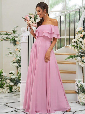 A-Linie/Princess-Linie Chiffon Rüschen Off-the-Shoulder-Träger Ärmellos Bodenlang Brautjungfernkleider