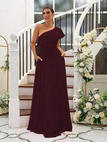 A-Linie/Princess-Linie Chiffon Rüschen One-Shoulder-Träger Ärmellos Bodenlang Brautjungfernkleider