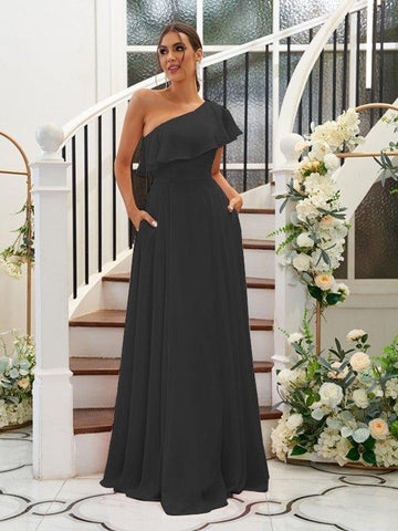 A-Linie/Princess-Linie Chiffon Rüschen One-Shoulder-Träger Ärmellos Bodenlang Brautjungfernkleider