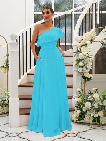 A-Linie/Princess-Linie Chiffon Rüschen One-Shoulder-Träger Ärmellos Bodenlang Brautjungfernkleider