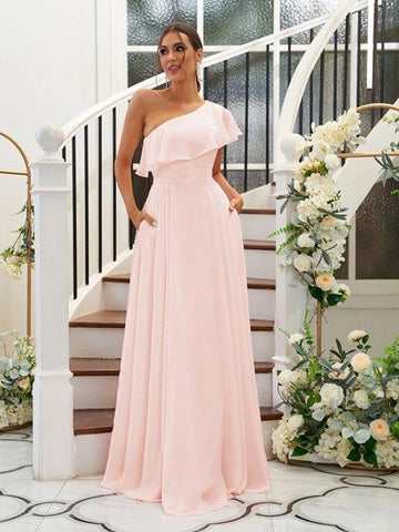 A-Linie/Princess-Linie Chiffon Rüschen One-Shoulder-Träger Ärmellos Bodenlang Brautjungfernkleider