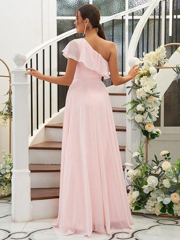 A-Linie/Princess-Linie Chiffon Rüschen One-Shoulder-Träger Ärmellos Bodenlang Brautjungfernkleider