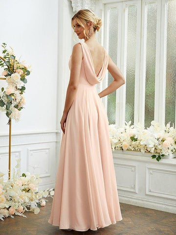 A-Linie/Princess-Linie Chiffon Rüschen U-Ausschnitt Ärmellos Bodenlang Brautjungfernkleider