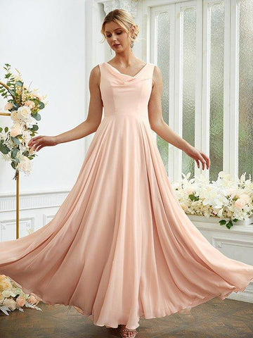 A-Linie/Princess-Linie Chiffon Rüschen U-Ausschnitt Ärmellos Bodenlang Brautjungfernkleider