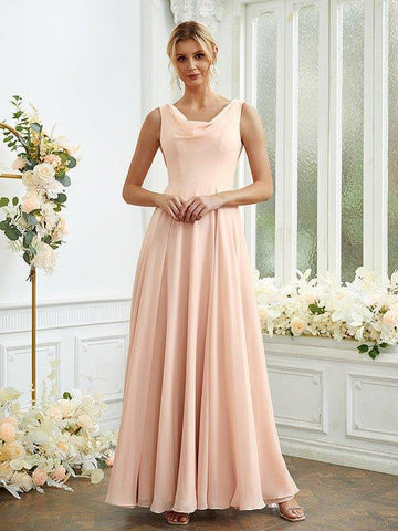 A-Linie/Princess-Linie Chiffon Rüschen U-Ausschnitt Ärmellos Bodenlang Brautjungfernkleider