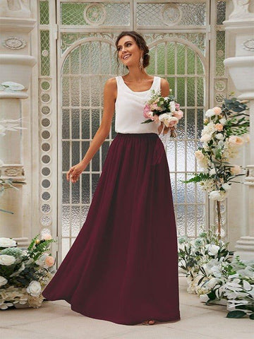 A-Linie/Princess-Linie Chiffon Rüschen U-Ausschnitt Ärmellos Bodenlang Zweiteilige Brautjungfernkleider