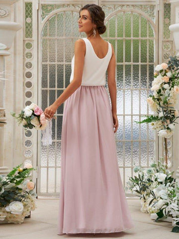 A-Linie/Princess-Linie Chiffon Rüschen U-Ausschnitt Ärmellos Bodenlang Zweiteilige Brautjungfernkleider