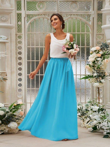 A-Linie/Princess-Linie Chiffon Rüschen U-Ausschnitt Ärmellos Bodenlang Zweiteilige Brautjungfernkleider