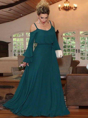 A-Linie/Princess-Linie Chiffon Rüschen Rechteckiger Ausschnitt Lange Ärmel Bodenlang Kleider für die Brautmutter