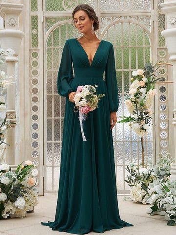 A-Linie/Princess-Linie Chiffon Rüschen V-Ausschnitt Lange Ärmel Sweep/Pinsel zug Brautjungfernkleider