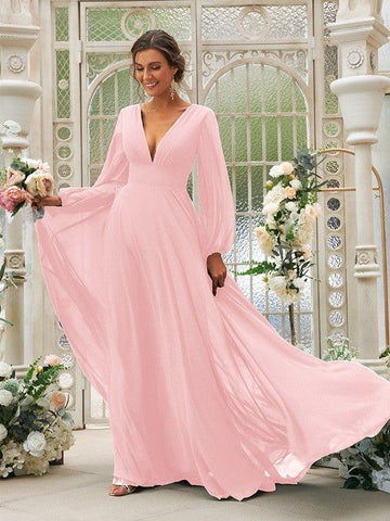 A-Linie/Princess-Linie Chiffon Rüschen V-Ausschnitt Lange Ärmel Sweep/Pinsel zug Brautjungfernkleider