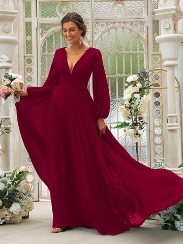 A-Linie/Princess-Linie Chiffon Rüschen V-Ausschnitt Lange Ärmel Sweep/Pinsel zug Brautjungfernkleider